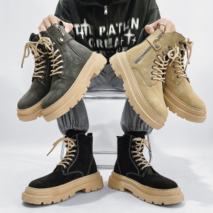 2025 New Men's Shoes Martins Black Leather High-top British Fashion Cross-border Trendy Motorcycle Boots Shoes