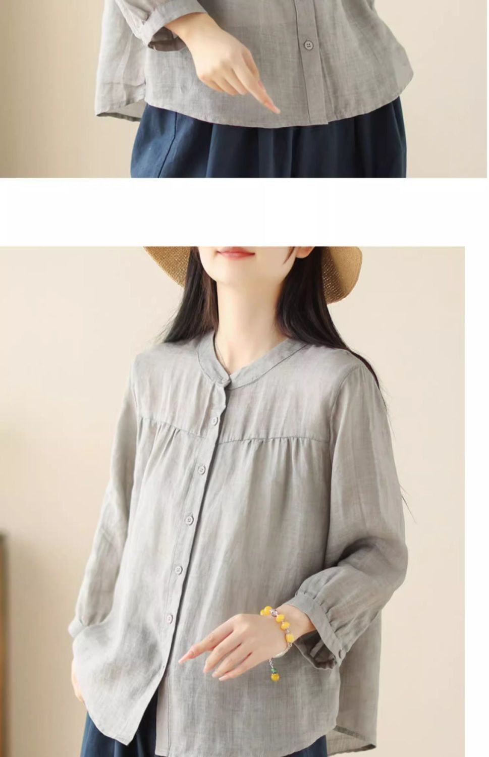 여름 패션 만능 면 7부소매 셔츠 여성용 루즈핏 슬리밍 캐주얼 가벼운 자외선 차단 면마 셔츠 상의