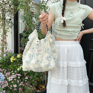 44181 Ins Large Capacity Lace Butterfly Canvas Tote Bag for Commuter and Work Debris Organize Handbag