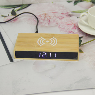 Wireless Back charging mobile phone wooden electronic clock LED display adjustable brightness LED rectangular wooden clock in stock