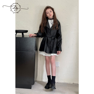 Sanglo Children Girls Кожаное пальто 2024 Осень Новый стиль CTong End Design Чувство детского среднего и длинного пальто