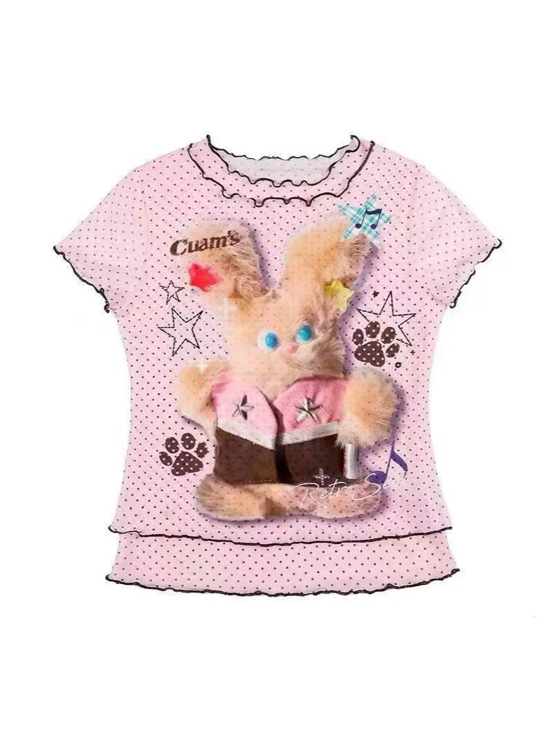 Plaid Polka Dot Ruffled Shoulder-Length T-Shirt Top for Women, Youthful Print Lace Rolled-Edge Short-Sleeve T-Shirt