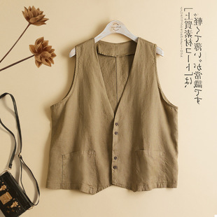 Real Shot in stock Artistic Vintage Cotton and Linen Solid Color V-neck Vest Women's Summer Thin plus size All-match Cardigan Vest