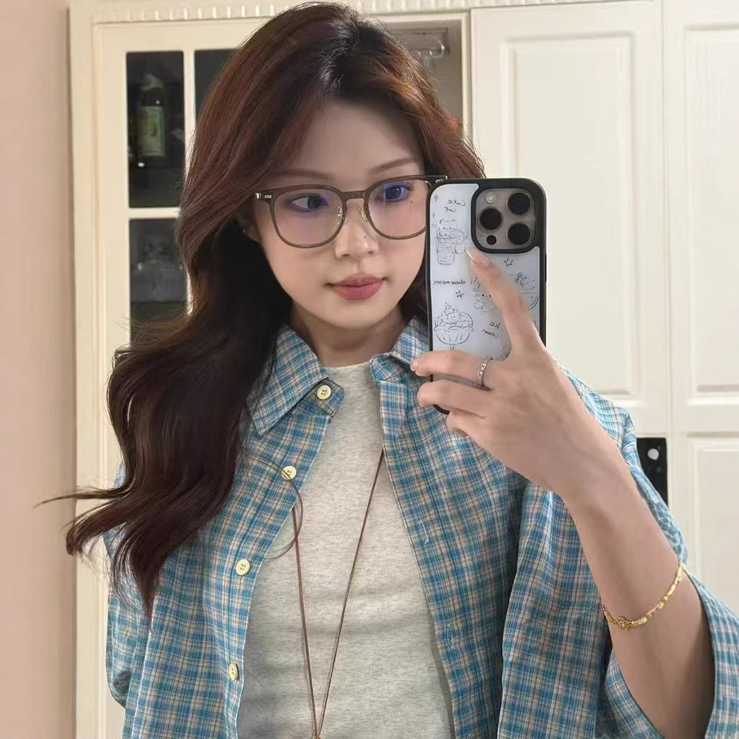 [자체 공장 재고 있음] 여성용 블루 체크 무늬 셔츠 초가을 새로운 스타일 루즈하고 다재다능한 시크 탑