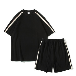 Leisure Sports Waffle suit Men's Summer oversize plus size Loose 360g Heavy Short Sleeve Fashion Brand Shorts