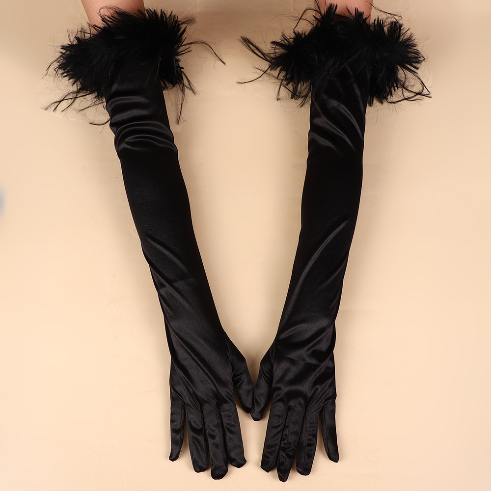 Long Black Satin Halloween Makeup 1920S Elastic Satin Gloves Opera Stage Cuff Feather Gloves