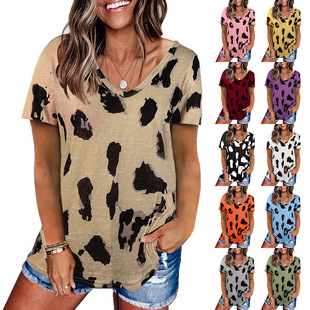 Cross-border women's clothing European and American style 2022 summer new leopard print top loose casual V-neck short sleeve t-shirt for women