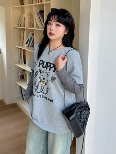 Enoch plus size Women's Fake Two-piece Long-sleeved T-shirt 2025 Spring New Loose American Retro Top 131996