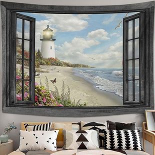 Cross Border Beach Tapestry Large Lighthouse Ocean Hanging Bedroom Sea View Coastal Window Wall Hanging Decoration Home Office