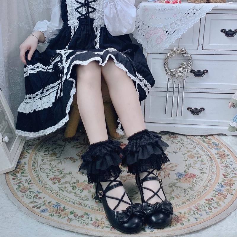 Summer Cross-Pattern Crystal Stockings for Women, Japanese Lolita Style, Multi-Layer Lace Trim, Fairy-Style Glass Socks, Thin Style, in Stock