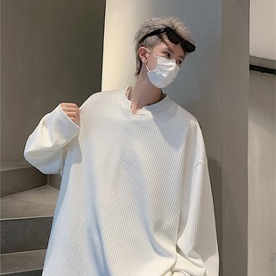 American Style High Street Long Sleeve T-shirt Men's Spring and Autumn New Solid Color Texture Sense Casual Trendy Loose V-neck Base Shirt