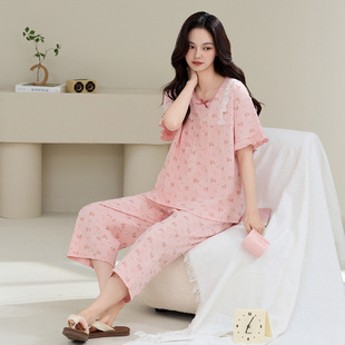Short-sleeved Cropped Pants Pajamas Women's Summer Pure Cotton Crewneck Cartoon Cute Casual Sweet Outwear suit