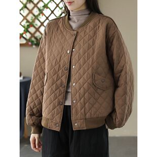 Ancient coffee clothing winter retro loose stand collar coat cotton-padded coat women's quilted artistic rhombus plaid cotton-padded jacket cotton-padded jacket