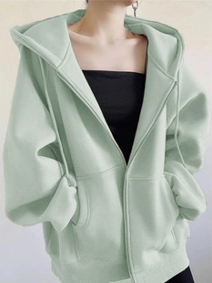 Milk green sweater coat for women Spring and Autumn fleece-lined small 2024 New hooded Korean style lazy style wear cardigan