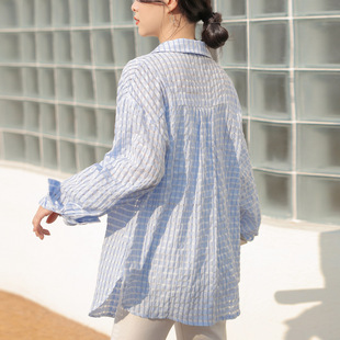Design Sense Hollow Blue Plaid Long-sleeved Shirt Women's 2023 Summer Loose Lantern Sleeve Sun-protective Shirt