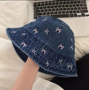 Vintage Washed Old Bow Denim Fisherman Hat Women's Summer Big Brim Showing Face Small Basin Hat Sunshade Hat
