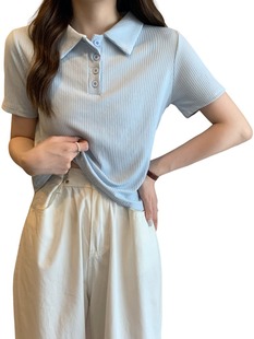 Withdrawal foreign trade discount plus size polo collar Ice Silk short-sleeved T-shirt women's summer 2024 new shoulder knitted top