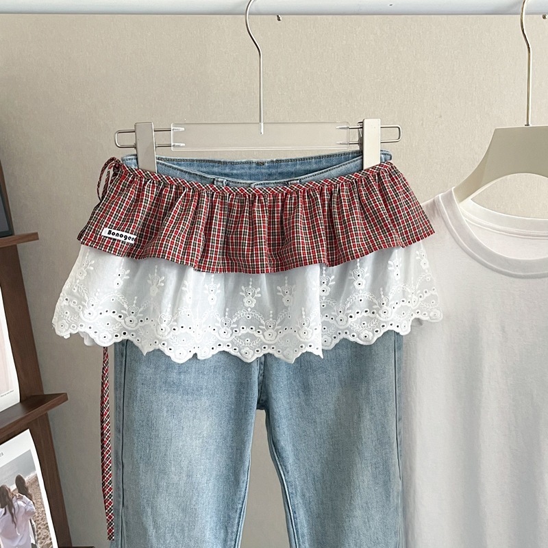 Korean Fashion Niche Style Half-Skirt with Unique Tie-Up Design, Vintage Plaid Layered Skirt, Double-Layer Skirt Overlay