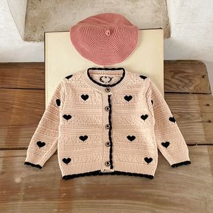 Ins Korean Style Girl's Baby's Pure Cotton Love Woolen Cardigan Baby and Toddler's All-match Jacquard Sweater Jacket for Spring and Autumn