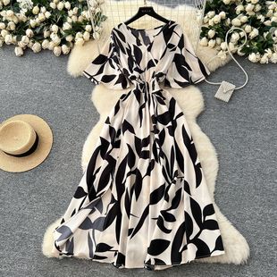 French Retro V-neck Short-sleeved Waist Printed dress Women's Summer Slimming Elegant Design Split Long Skirt