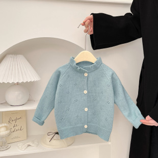 South Korea children's clothing girls knitted cardigan spring 2025 new foreign style baby hollow sweater coat all-match top