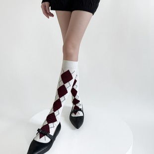 Autumn and Winter Show Rhomboid Jacquard Stocking Cotton Socks Academic Style Girl's Stacking Socks Grey Knee-High Socks for Children JK Vintage