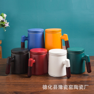 Color wooden handle ceramic cup with lid tea separation mug household coffee cup advertising water cup printed logo supplier