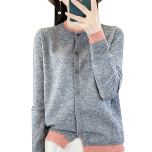 Sweater Cardigan Autumn and Winter Color-matching Crewneck Knitted Cardigan Age-reducing Jacket Spring and Autumn Women's Base Contrast Cardigan Sweater