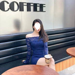 plus size chubby girl Lace dress Pure Desire Style One-character Collar Clavicle Slim-fit Tight Waist Hip Slimming Skirt