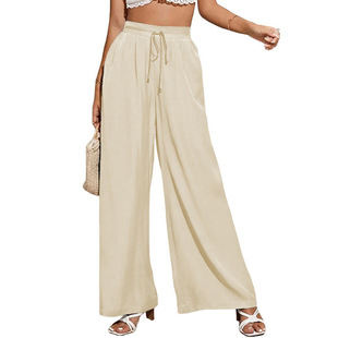 European and American Summer New Women's High Waist Casual Trousers Amazon Solid Color Elasticated Waist Lace-up Loose Wide-leg Pants for Women