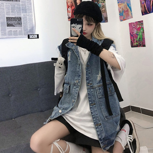 Spring and Autumn 2021 New Korean Style ins Light Blue Ripped Denim Vest Loose All-match Workwear Vest Jacket Women's Trendy