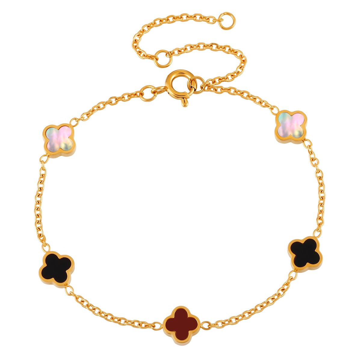 Fashionable and Luxurious Titanium Steel Four-Leaf Clover Mother-of-Pearl Bracelet for Women, Multi-Colored Flower Pieces, Ins-Style, Gold-Plated, High-End Cross-Border Jewelry