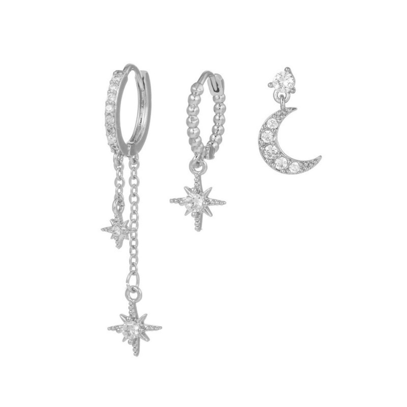 European and American Cross-Border Amazon Best-Selling Asymmetrical Star and Moon Earrings Three-Piece Set Ins Fashion Zircon Earrings and Ear Clips