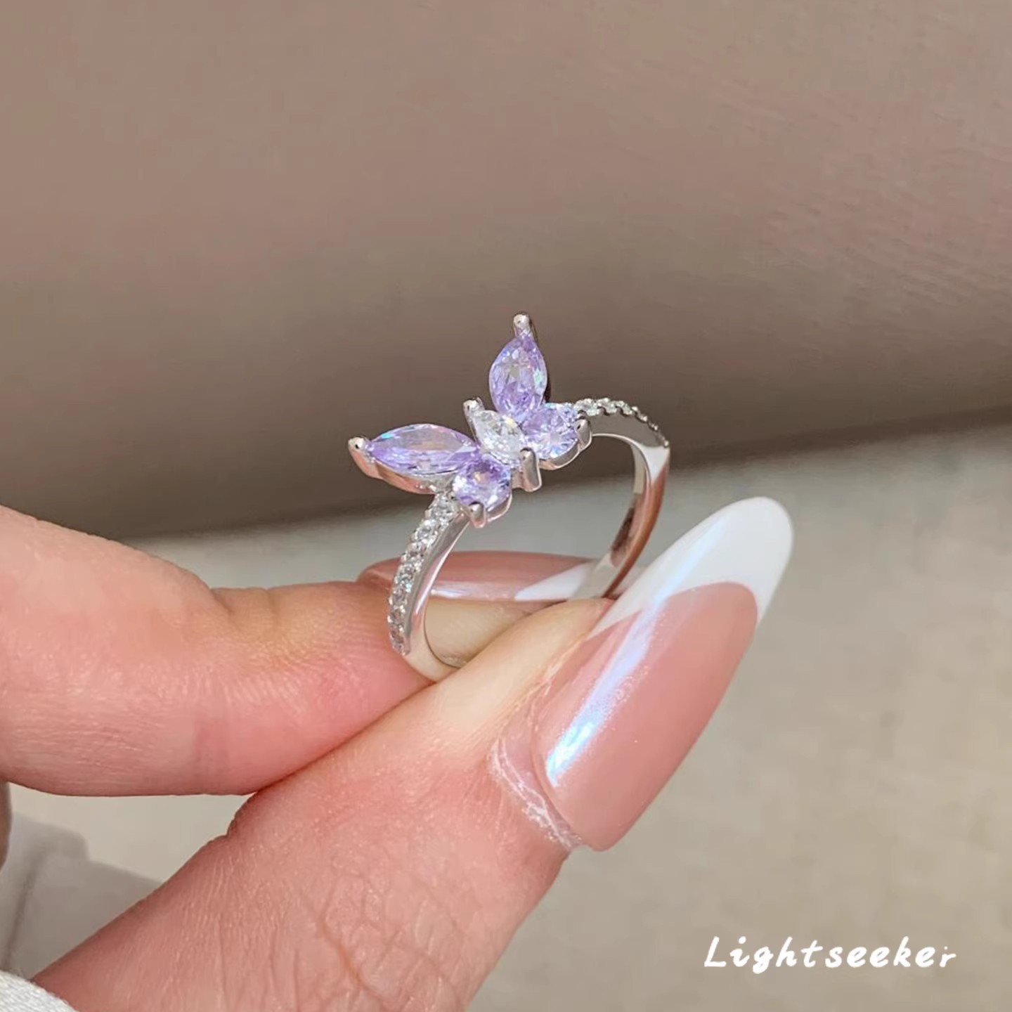 Purple Butterfly Sparkling Diamond Ring for Women Niche Design Light Luxury High-End Exquisite Versatile Index Finger Ring