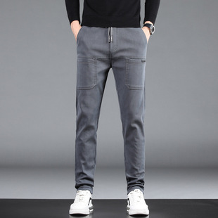 Autumn and Winter fleece-lined Thickened Men's Six-Pocket Stretch Elastic Waist Casual Pants Multi-Pocket Japanese Tooling Pants