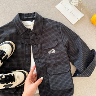 in stock children's shirt 2025 spring new men's and women's children's clothing embroidered letter shirt baby plaid work shirt
