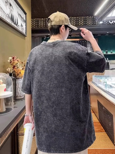 New Short-sleeved T-shirt Men's Trendy Brand Ins Loose Round Neck Cartoon Printed T-shirt Washed Old plus size Trendy Top