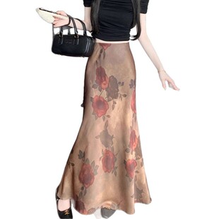 Imitation Acetate Satin Printed Fishtail Skirt Women's Spring High Waist Slim-Fit Hip Skirt New Chinese Style Dape A- Line Long Skirt