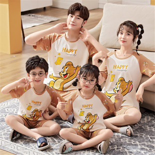 Parent-child pajamas a family of three men's summer short-sleeved shorts cotton thin women's cute family home wear suit