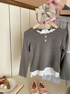 Korean Girls' Fake Two-piece Polo Dot Top 2025 Spring New Lace Stitching Fart Curtain Loose Straight Pants suit