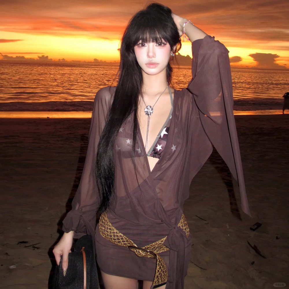2026 New Style Hollow-Out Bikini Three-Piece Sexy Women's High-End Long-Sleeve Mesh Cover-Up Swimwear for Vacation