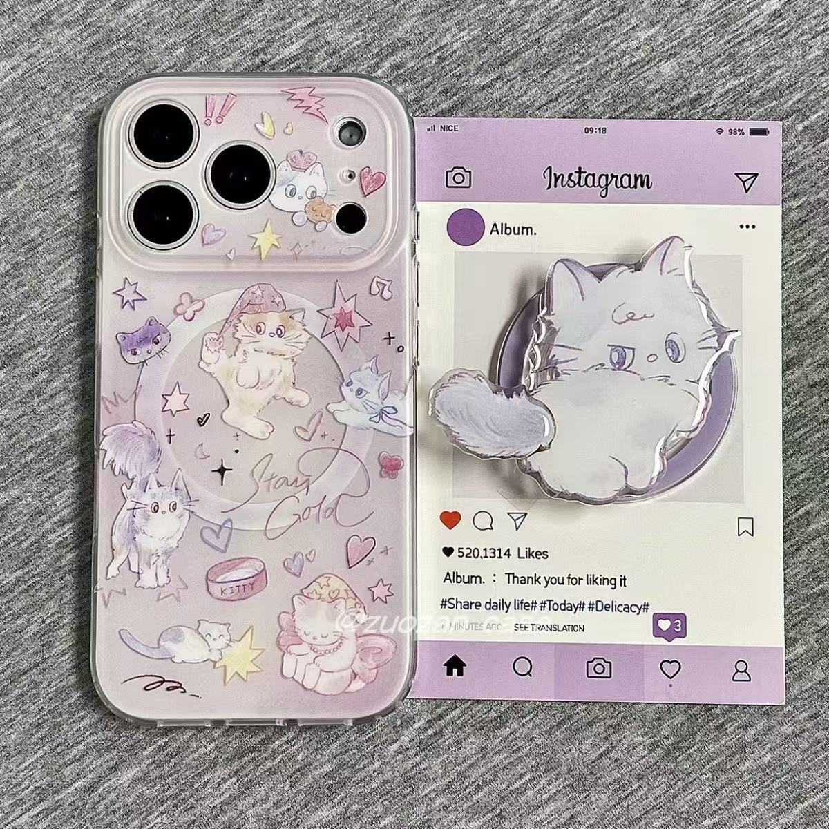 Magnetic graffiti light purple cat pattern case for Apple iPhone 17 Pro Max and iPhone 16 Pro (new model 15).
