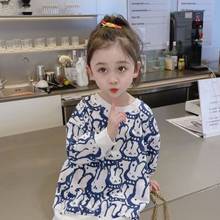 New Spring and Autumn Stylish Girl's Cartoon Full Print Rabbit Sweatshirt Dress Baby Girl's Round Neck Fashion Long Sleeve Top Trend