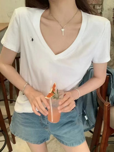 in stock Raff Large V-neck Short-sleeved High Version Summer Classic Basic All-match White Embroidered 2025T-shirt Spice Girls Thin