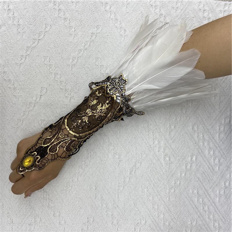 Halloween Feather Gloves Gothic Style Bracelet Cosplay Hollow Gold Lace Lace Arm Set Bracelet