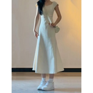 French Style Square Collar Waist dress Women's 2025 Summer New Design Gentle Waist Slimming Sheath Long Dress