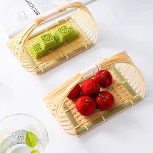 Bamboo woven flat bottom basket creative small flat basket fruit plate pastry bamboo basket with handle basket bamboo products