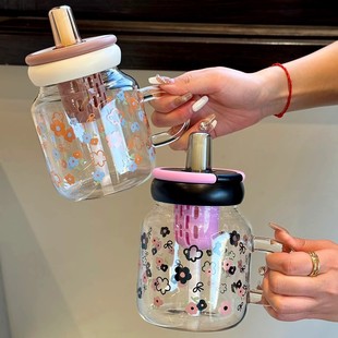 Home Office Water Cup High Temperature Resistant Glass Cup Straw Milk Cup Mug Girl's Handle Tea
