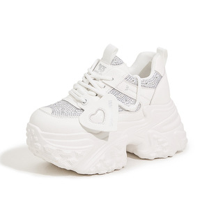 Thick-soled Torre Shoes Women's Autumn 2024 New Rhinestone All-match Street-fried Sports Casual Shoes Inner Height Increasing Women's Shoes