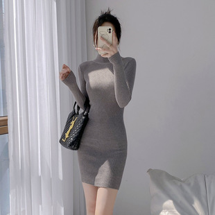 Core-Spun Yarn Fabric Half Turtleneck Knitted Dress for Women 2024 Autumn and Winter Hip-Hugging Sweater Pullover Knitted Short Skirt